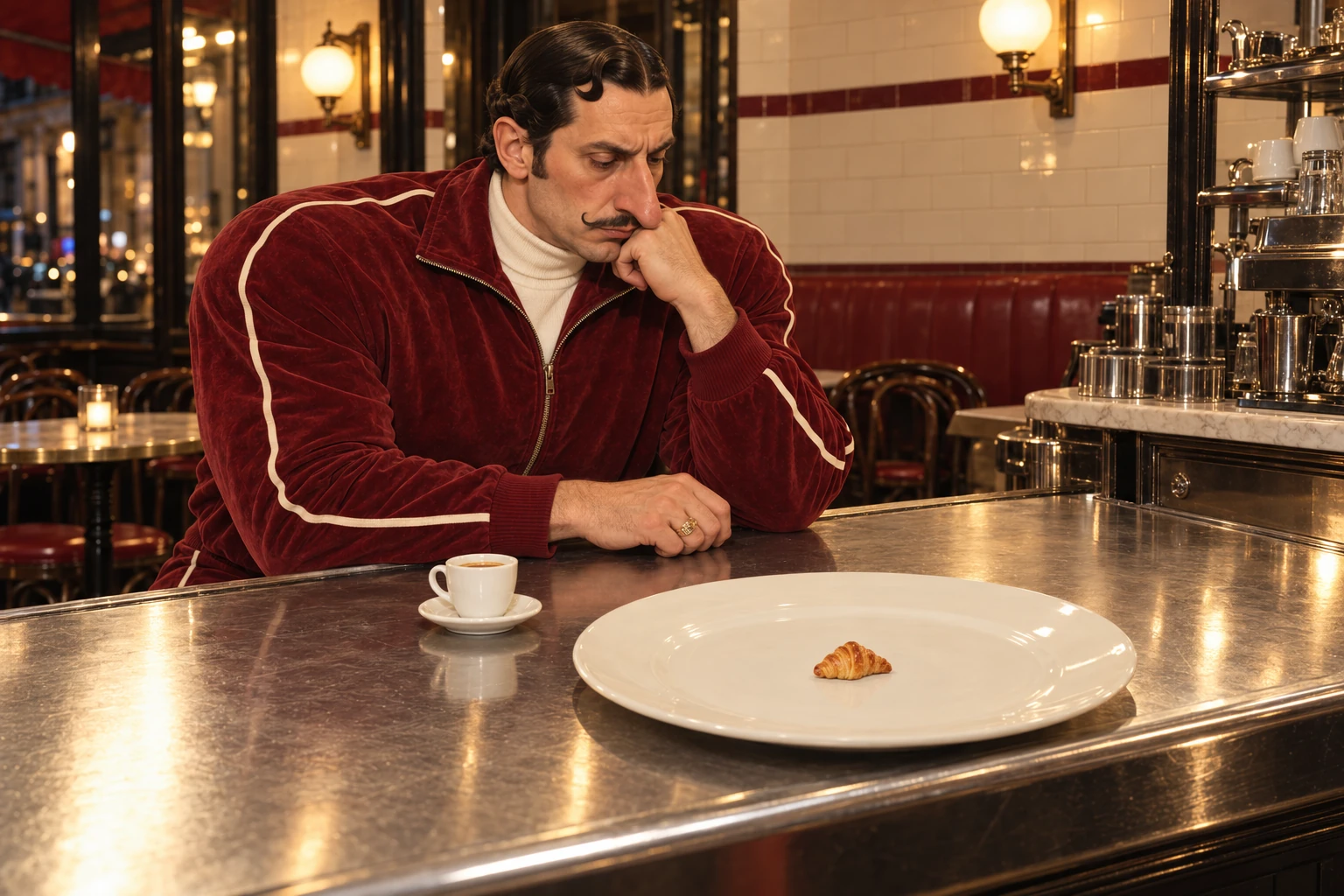 Marcel leans across a polished bistro counter and solemnly examines a tiny croissant on a very large white plate.