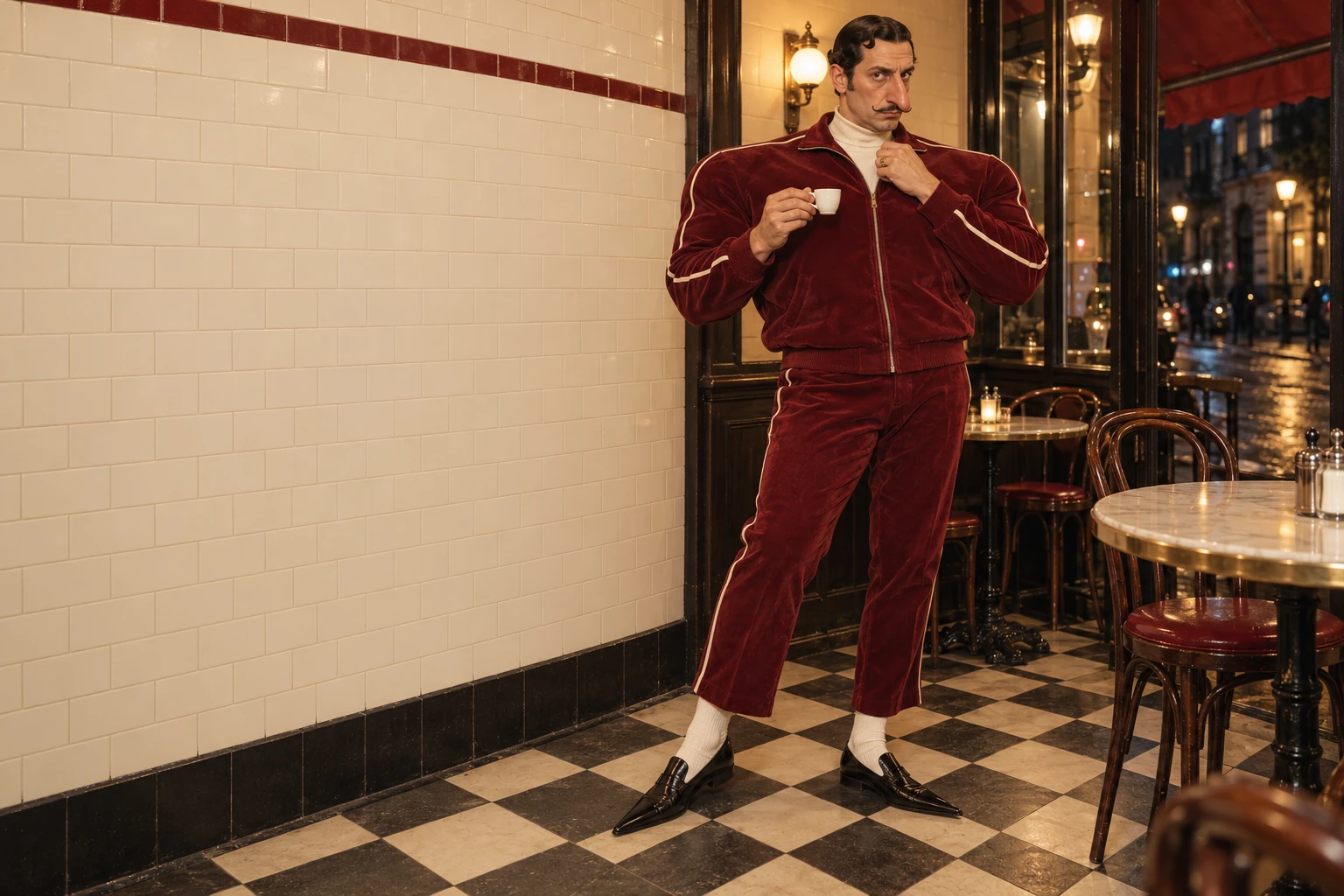 Marcel Morel, a stern man with a curled moustache, enormous shoulders, a burgundy velour tracksuit and impossibly pointed shoes, holds a tiny espresso in a French bistro.